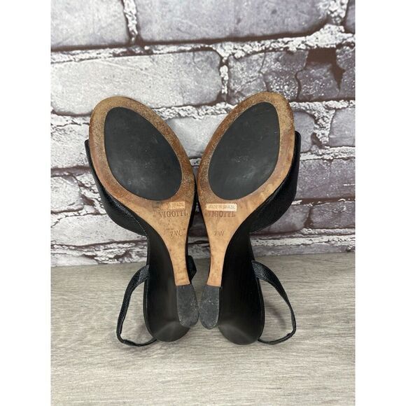 Vigotti Black Leather Open Toe Slingback High Wedge Sandals Women Sz 7W US/38EU - Picture 8 of 16
